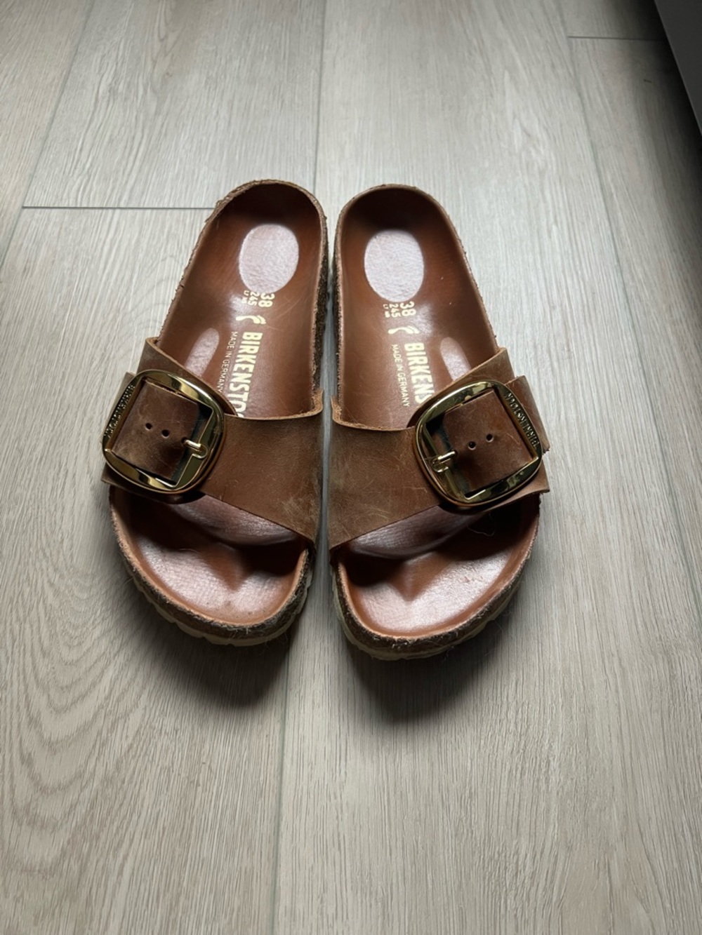 Birkenstock Single Strap Slide Sandals in Brown with Gold Buckles